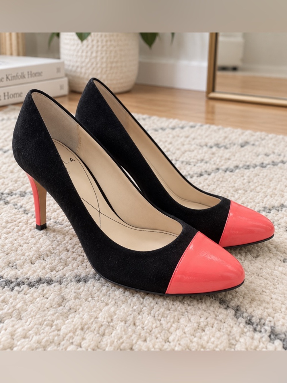 Isola Black Suede Pumps with Coral Pink Patent Toe sz8